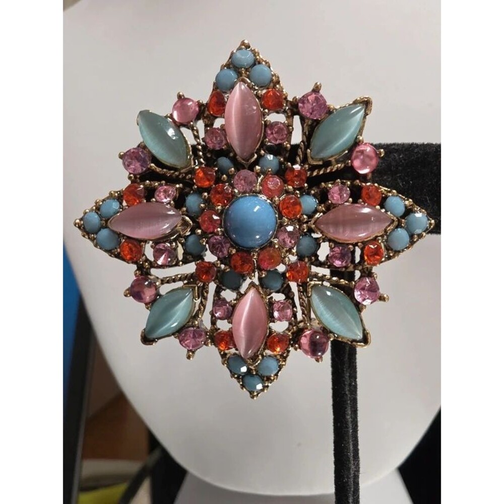 Starburst Pastel Cats Eye Marquis Rhinestone Brooch